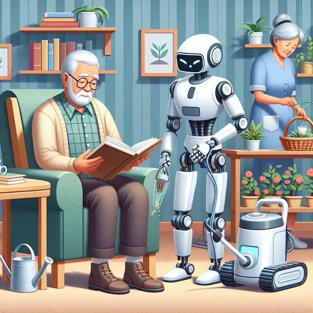 Alt text: "Asistentes robóticos ayudando a ancianos en tareas diarias, mostrando cómo la tecnología mejora el cuidado y la calidad de vida de los mayores."