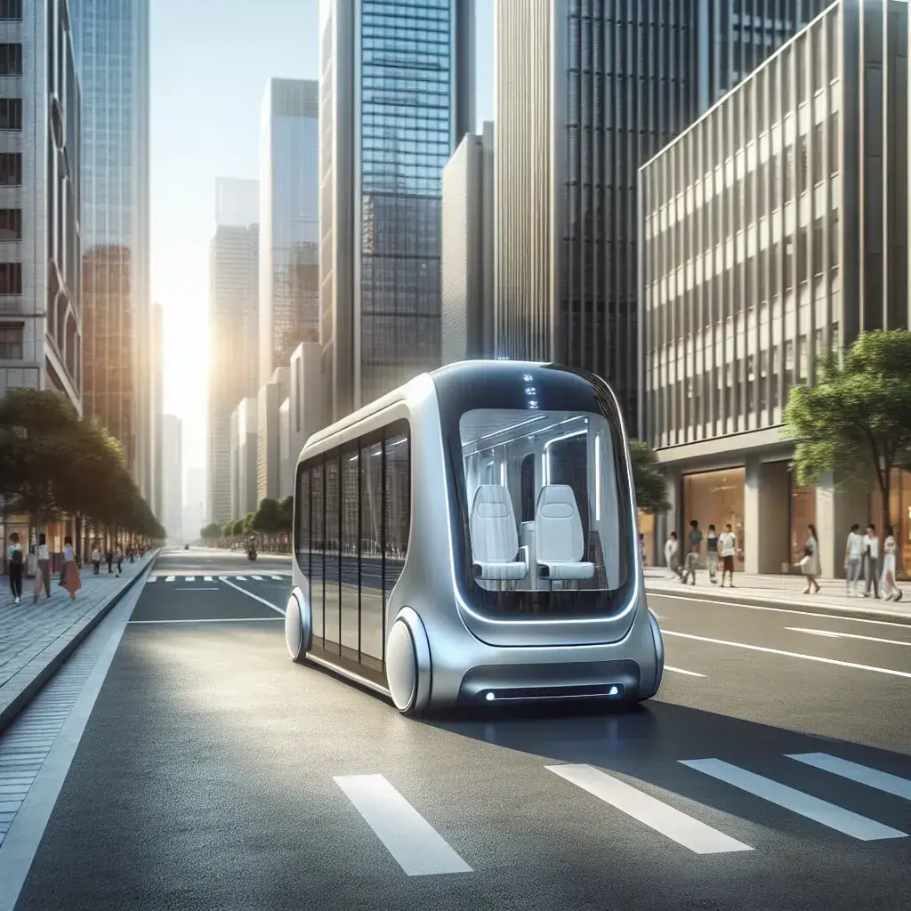 "Vehículo de transporte urbano autónomo de capacidad media en una calle moderna, mostrando su diseño innovador y tecnología avanzada para movilidad sostenible."